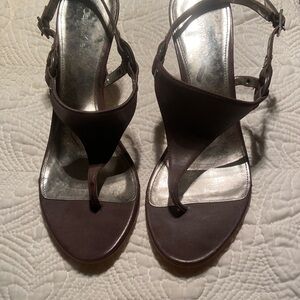 Calvin Klein Dark Brown Leather T-Strap Sandals